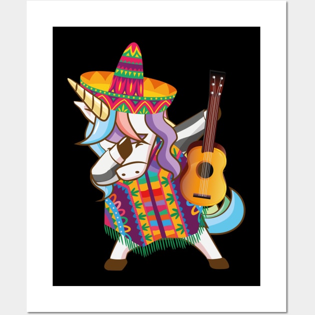 Mexican Dabbing Unicorn Cinco De Mayo Poncho Sombrero Guitar Wall Art by jodotodesign